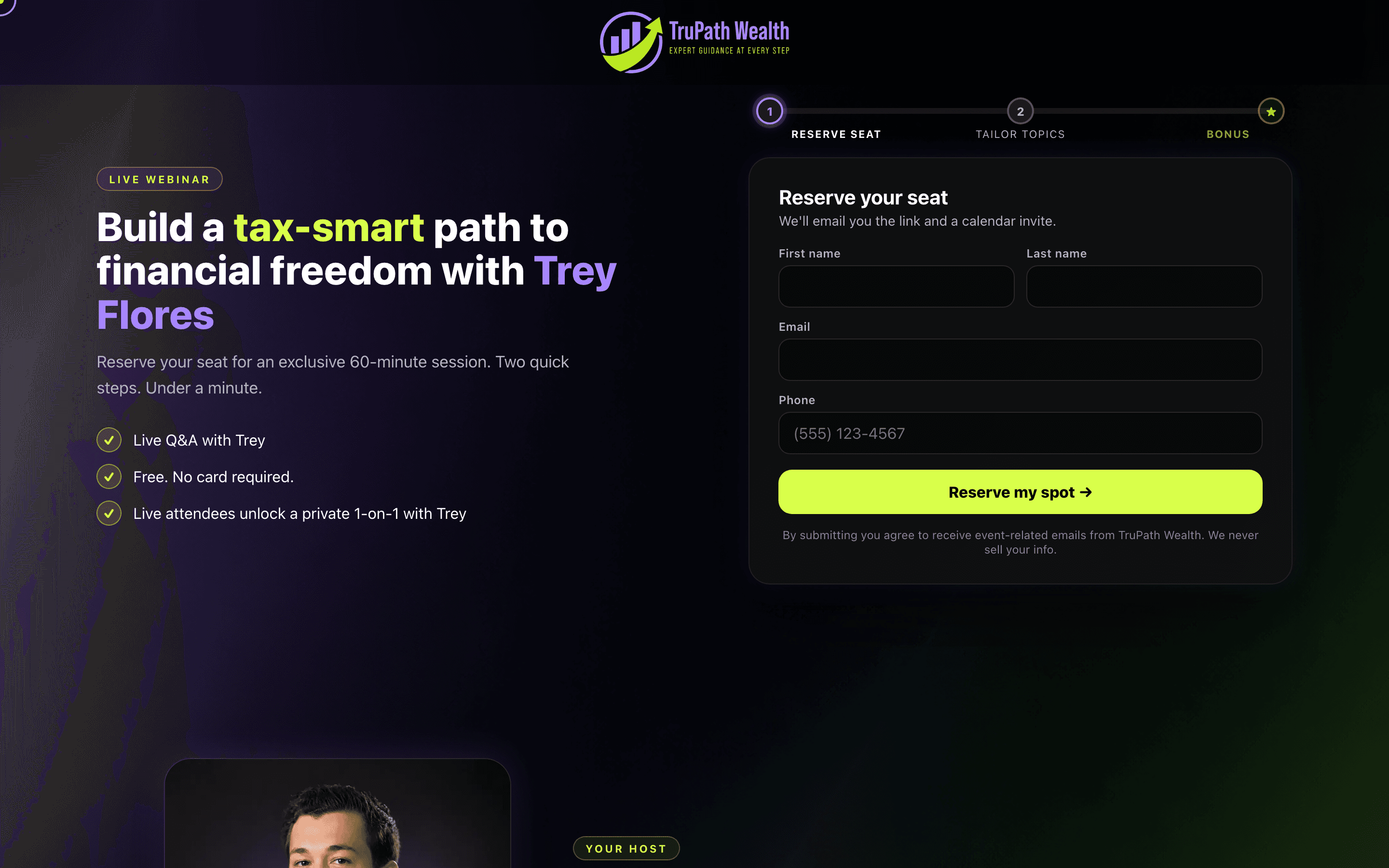 TruPath webinar RSVP landing page with a reserve-your-seat form